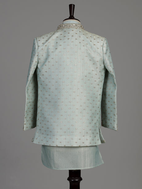 Pastel mint green silk boys Indo-Western suit with ornate floral embellishments