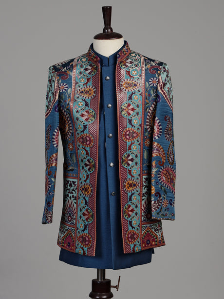 Blue brocade silk boys Indo-Western suit with persian medallion borders