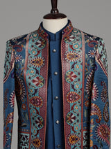 Blue brocade silk boys Indo-Western suit with persian medallion borders