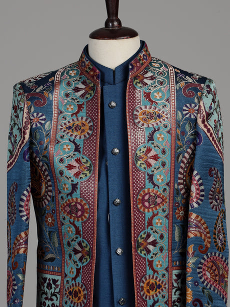 Blue brocade silk boys Indo-Western suit with persian medallion borders