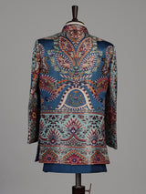 Blue brocade silk boys Indo-Western suit with persian medallion borders