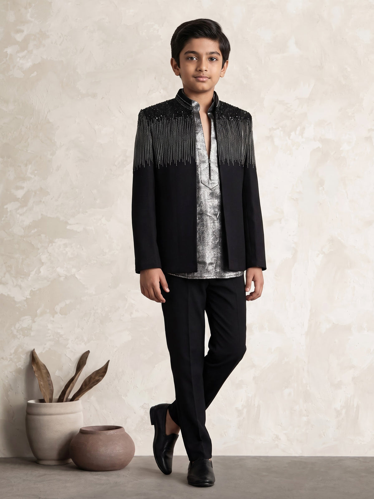 Black terry rayon boys Indo-Western suit with cascading cutdana embellishments