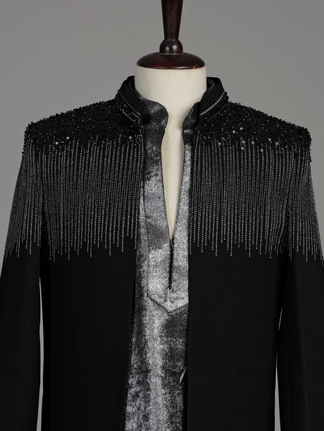 Black terry rayon boys Indo-Western suit with cascading cutdana embellishments