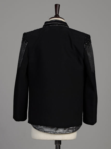 Black terry rayon boys Indo-Western suit with cascading cutdana embellishments