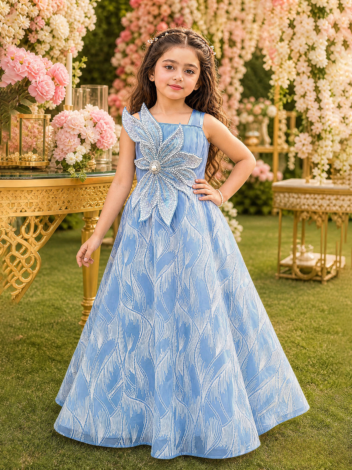 Sky blue sculptural floral girl gown