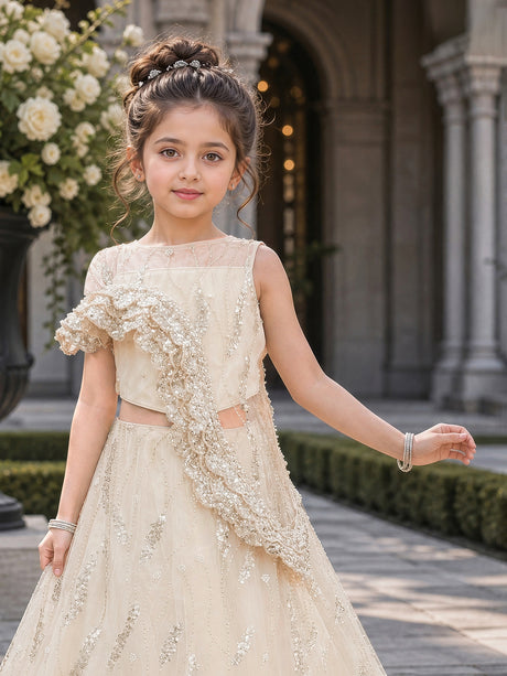 Cream architectural ruffle girl designer lehenga choli