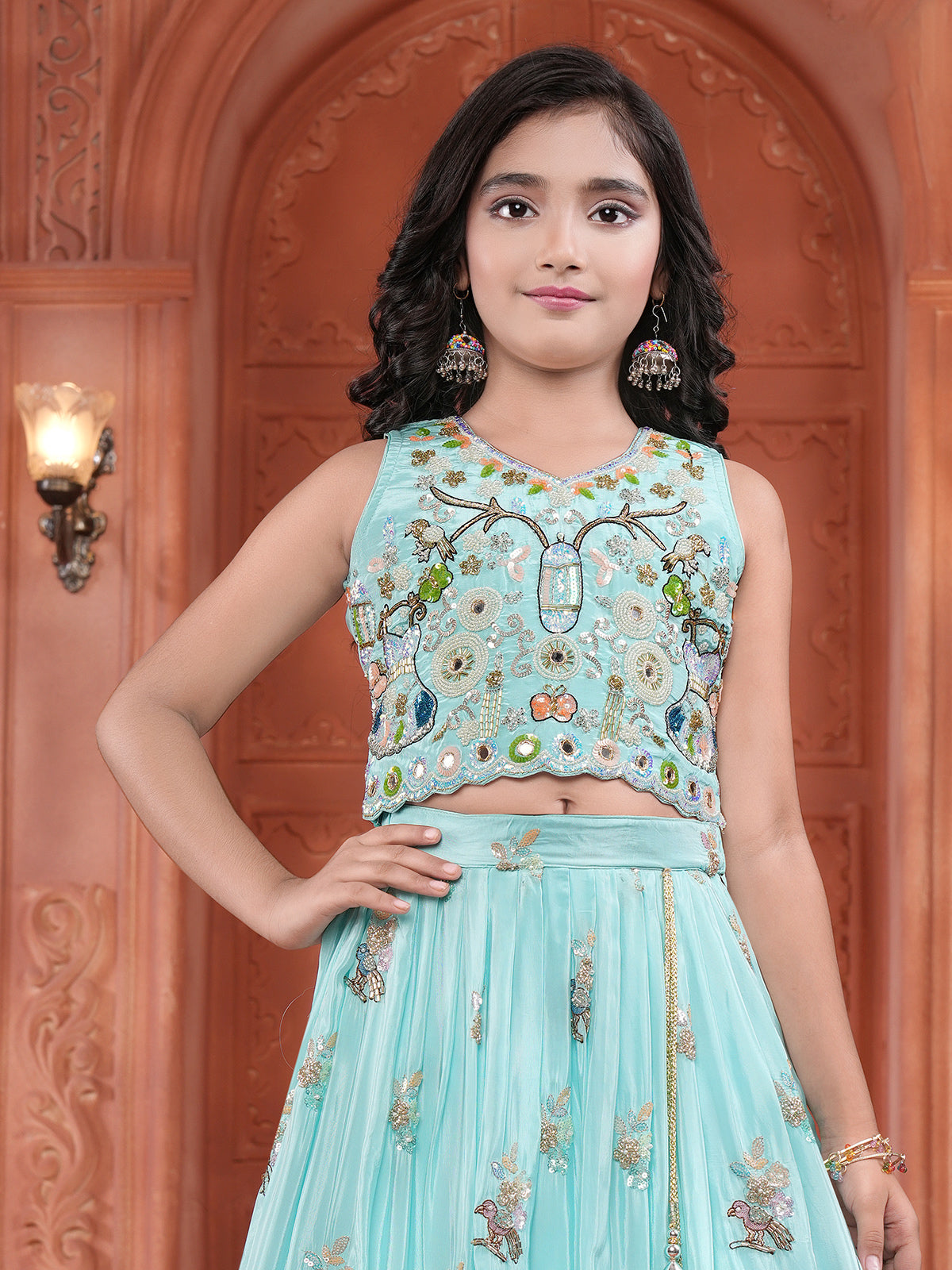 Sky blue folk mirror art girl lehenga choli