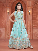 Sky blue folk mirror art girl lehenga choli