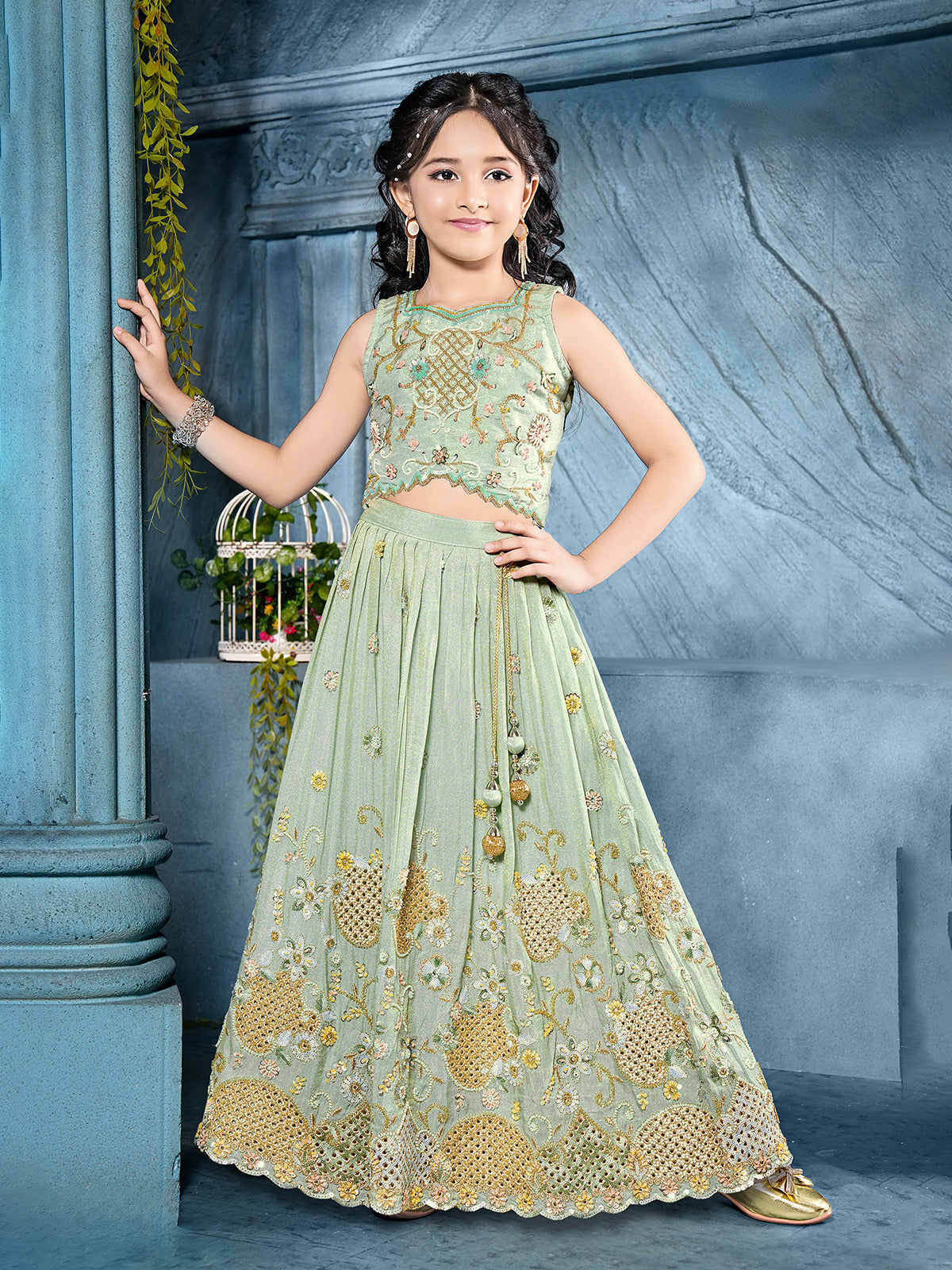 Pista green crepe silk girl lehenga choli