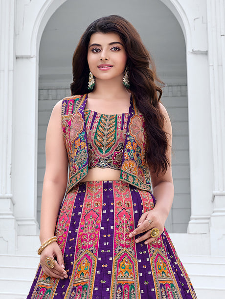 Purple geometric grandeur girl lehenga choli with jacket