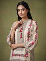 Pink grey floral frame women kurti set
