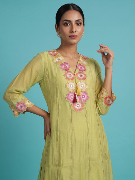 Green mirror rosette women kurti set