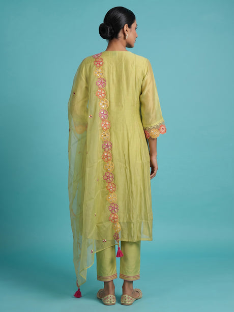 Green mirror rosette women kurti set