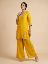 Yellow tissue silk embroidered women kurti set