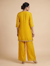 Yellow tissue silk embroidered women kurti set