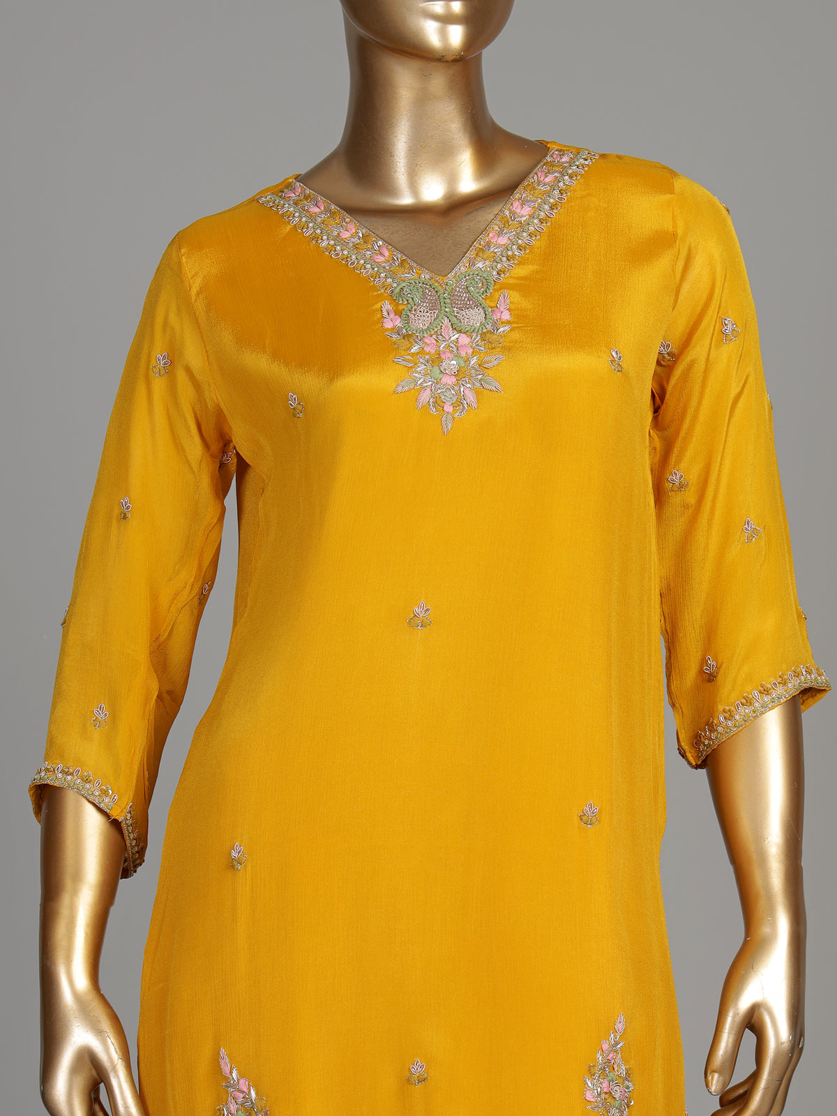 Yellow tissue silk embroidered women kurti set