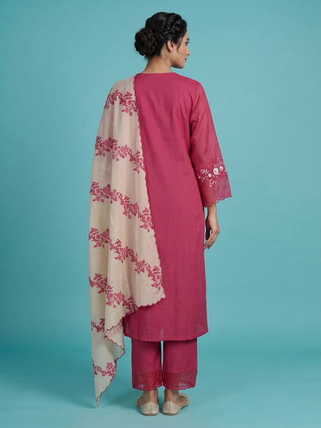 Rani pink floral dupatta women kurti set