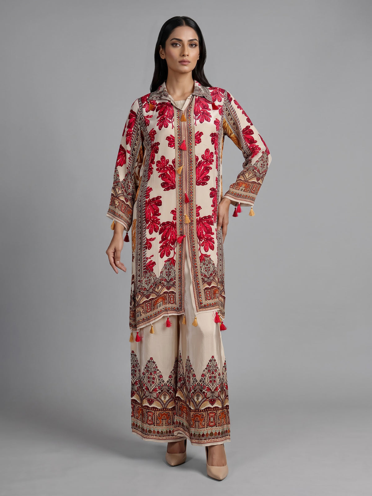 Red Mughal damask women kurti set