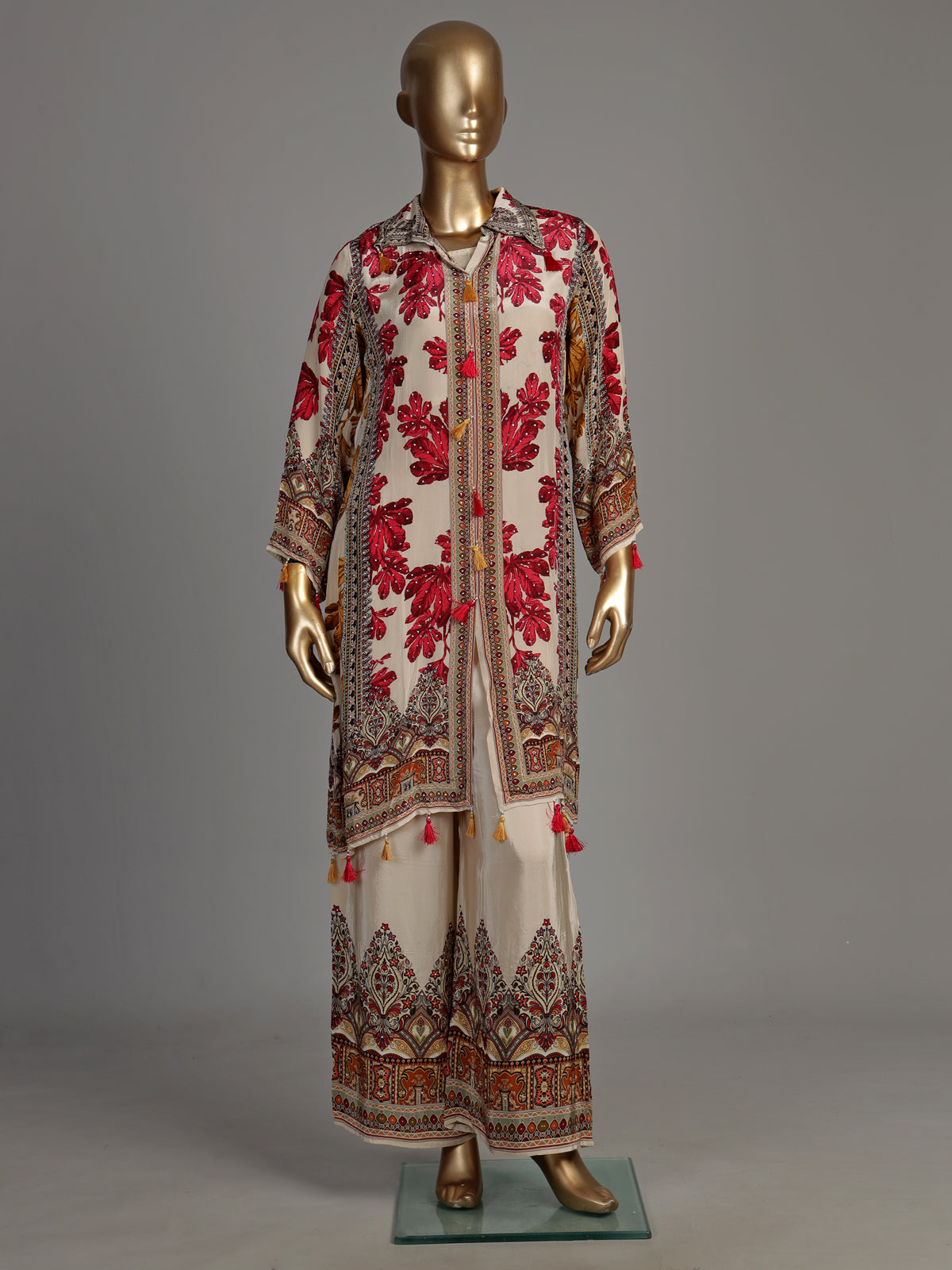 Red Mughal damask women kurti set