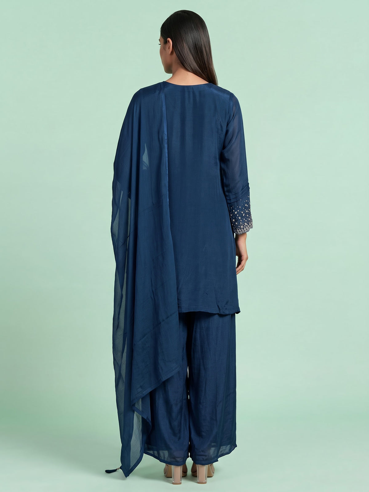 Teal blue scallop yoke women kurti set