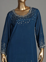 Teal blue scallop yoke women kurti set