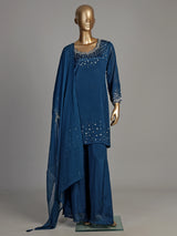 Teal blue scallop yoke women kurti set