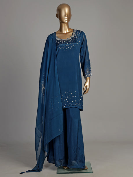Teal blue scallop yoke women kurti set