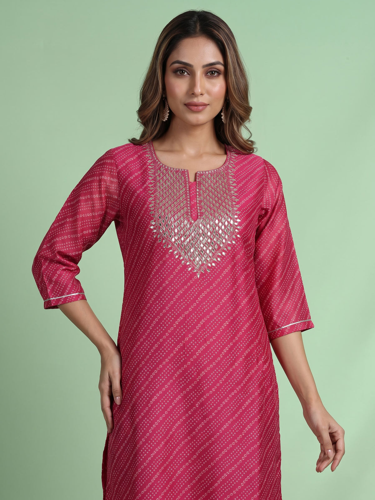 Pink Leheriya floral women kurti set