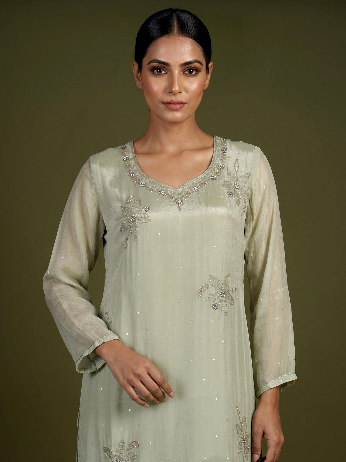 Pista green dahlia women kurti set