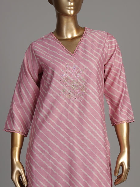 Pink Leheriya scallop neck women kurti set