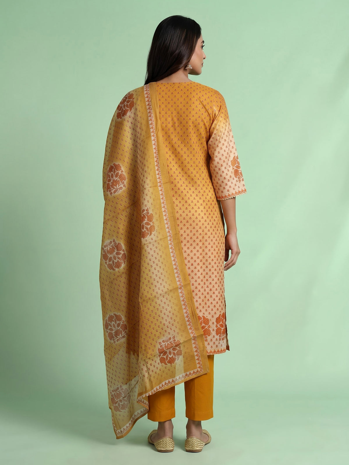 Mustard yellow palmette print women kurti set