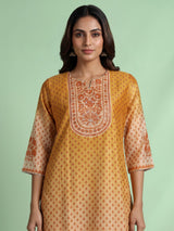 Mustard yellow palmette print women kurti set