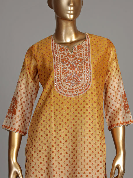 Mustard yellow palmette print women kurti set
