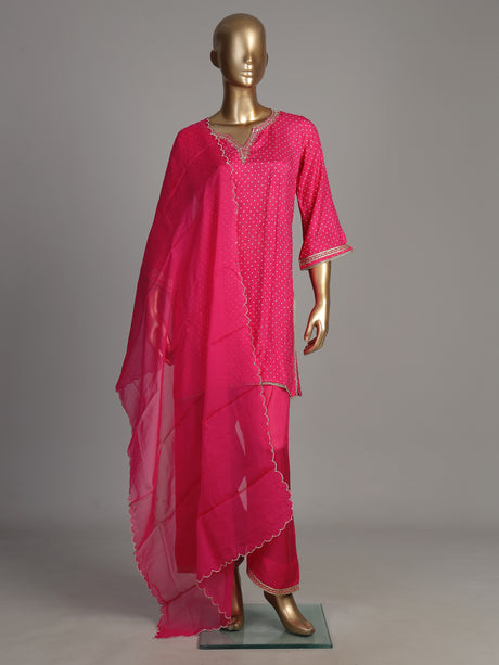 Rani pink Bandhani scallop women kurti set