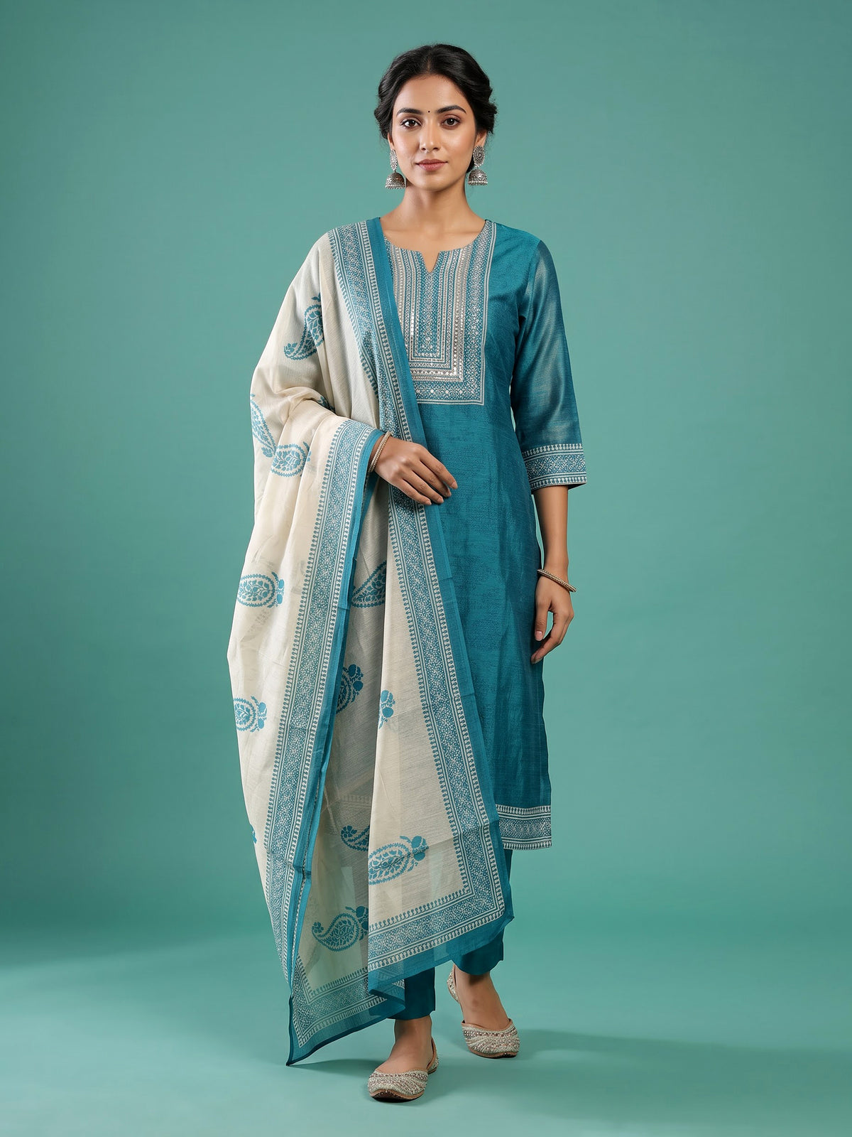 Rama blue fretwork women kurti set