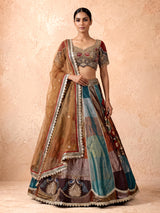 Multicolour silk lehenga choli with peacock motifs and gota embellishments