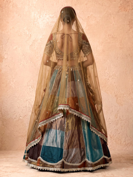 Multicolour silk lehenga choli with peacock motifs and gota embellishments