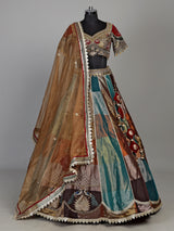 Multicolour silk lehenga choli with peacock motifs and gota embellishments