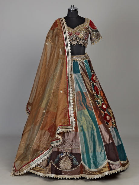 Multicolour silk lehenga choli with peacock motifs and gota embellishments
