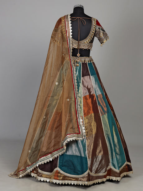 Multicolour silk lehenga choli with peacock motifs and gota embellishments