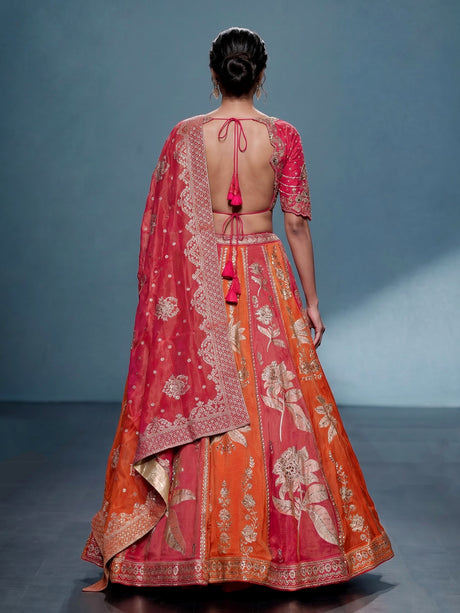 Multicolour silk lehenga choli with floral motifs and embellishments