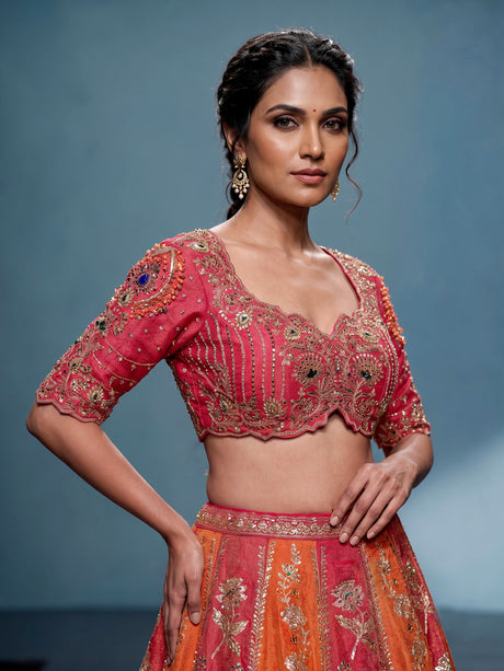 Multicolour silk lehenga choli with floral motifs and embellishments