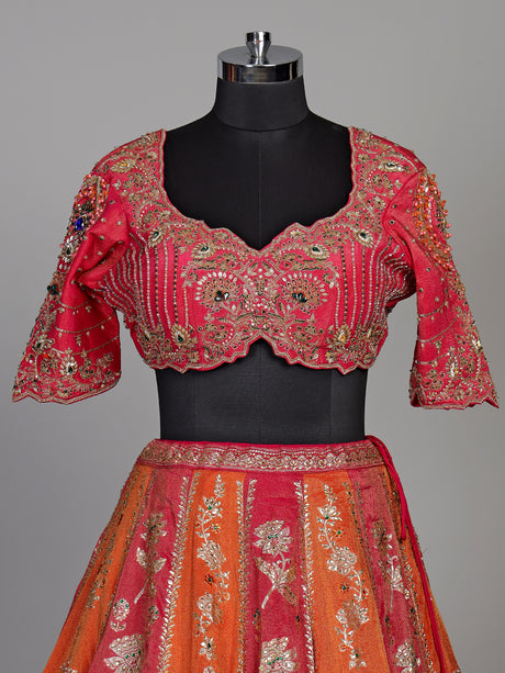 Multicolour silk lehenga choli with floral motifs and embellishments