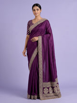 Purple silk saree with embellished border and sequin work