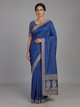 Royal blue silk saree with intricate embroidery and sequin detailing