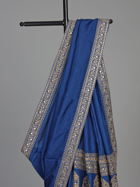 Royal blue silk saree with intricate embroidery and sequin detailing