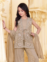 Beige botanical girl sharara suit with jacket