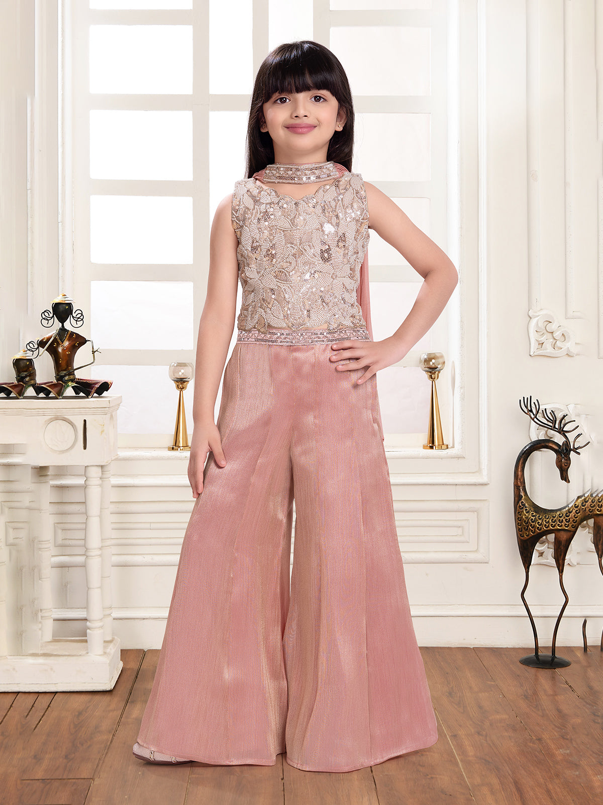 Onion pink floral glamour girl palazzo suit with choker dupatta