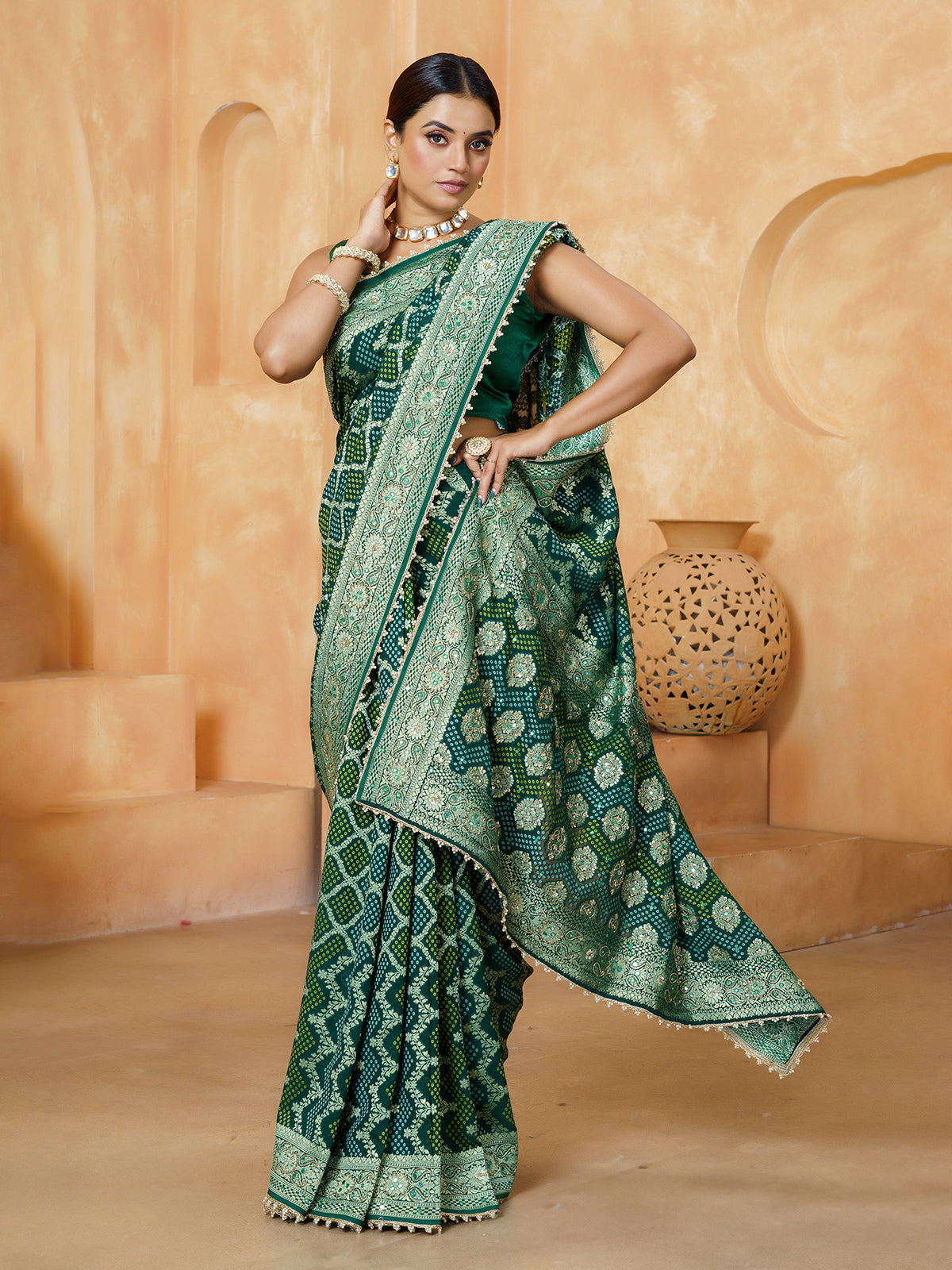 Green embellished bandhani georgette women saree
