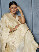 Premium pastel cream floral brocade tissue saree for women